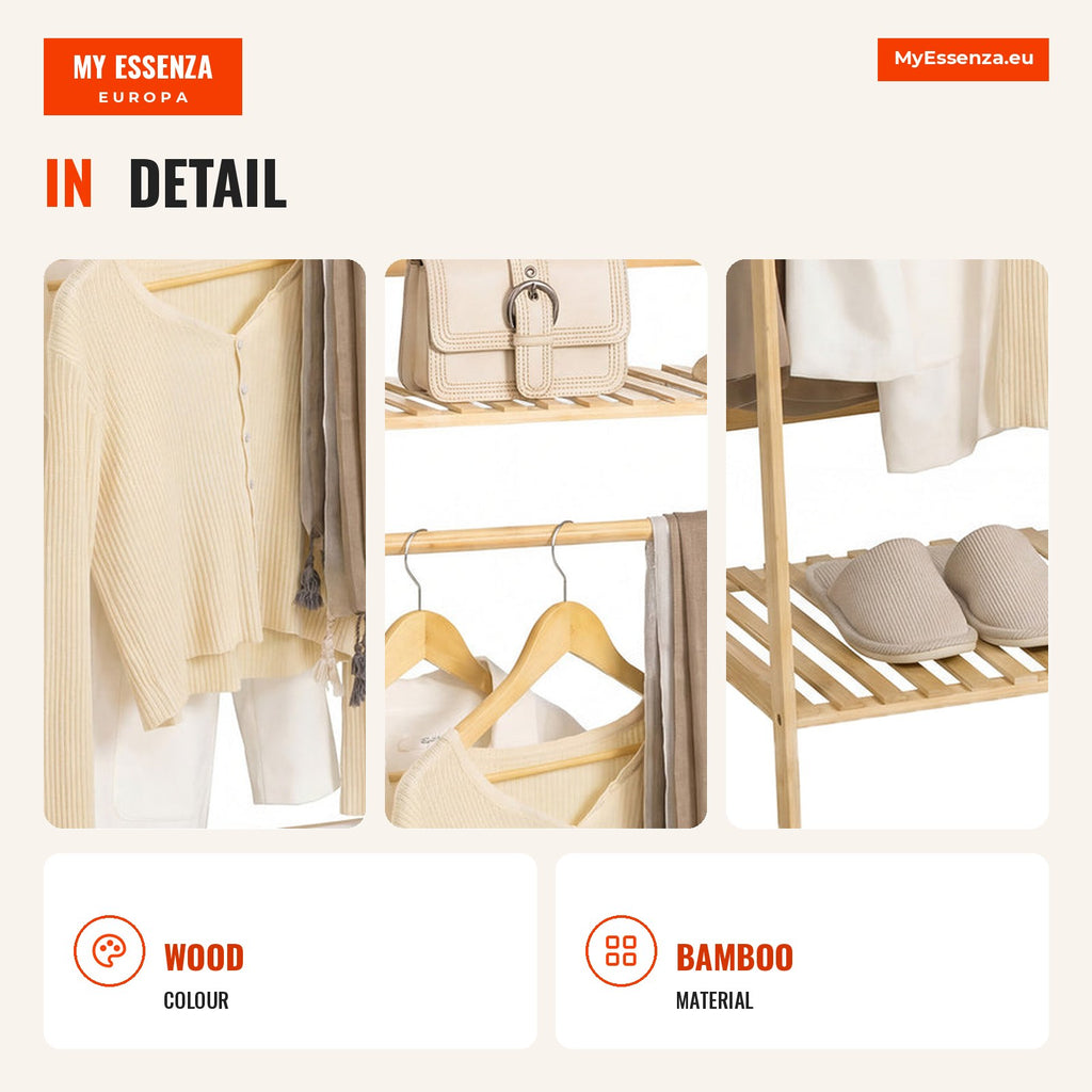 Bamboo Clothes Hanger Stand with 2 Storage Shelves, 2 Side Hooks and Hanging Rail 114x40x139 cm — Infografia EN (detalhe)