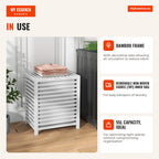 Cesto de Roupa de Bambu Cesto Roupa Suja Capacidade 55L com Bolsa Amovível Forma Retangular 50x36x60 cm Branco — Infografia EN (em utilização)