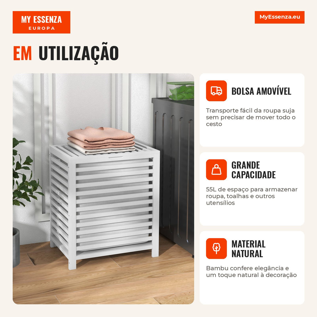 Cesto de Roupa de Bambu Cesto Roupa Suja Capacidade 55L com Bolsa Amovível Forma Retangular 50x36x60 cm Branco — Infografia PT (em utilização)
