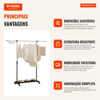 Extendable Clothes Trolley with Wheels Charriot with Stainless Steel Bar and Shoe Shelf Adjustable Height 94-159x42x93-1 — Infografia PT (vantagens)