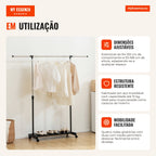 Extendable Clothes Trolley with Wheels Charriot with Stainless Steel Bar and Shoe Shelf Adjustable Height 94-159x42x93-1 — Infografia PT (detalhe)