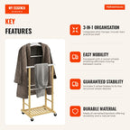 Bamboo Standing Clothes Rack with Wheels, Trousers Bars and Lower Shoe Shelf Nordic Style 47x33.7x105.5 cm Wood and Whit — Infografia EN (vantagens)