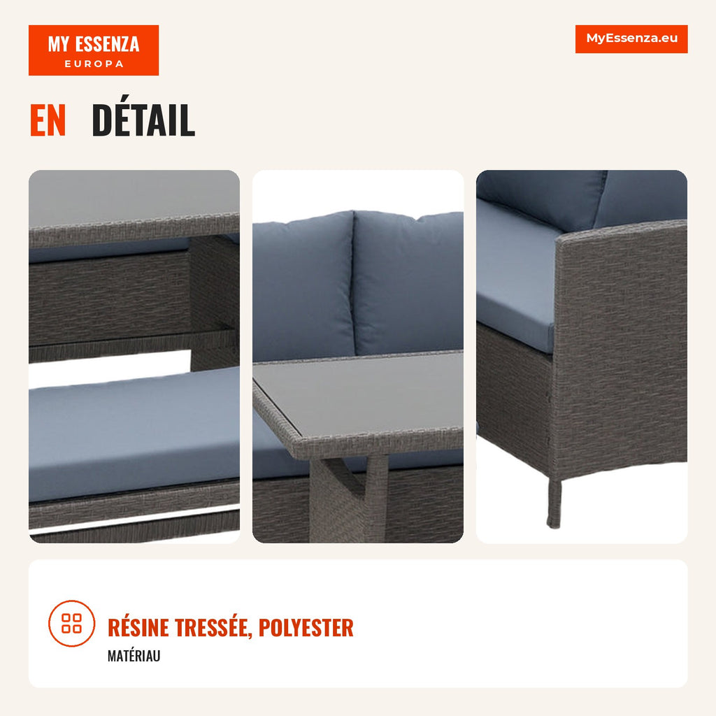 4-Piece Rattan Furniture Set with Cushioned Seats for Garden Balcony Outdoor Set with 2 Sofas, 1 Bench and Tempered Glas — Infografia FR (detalhe)