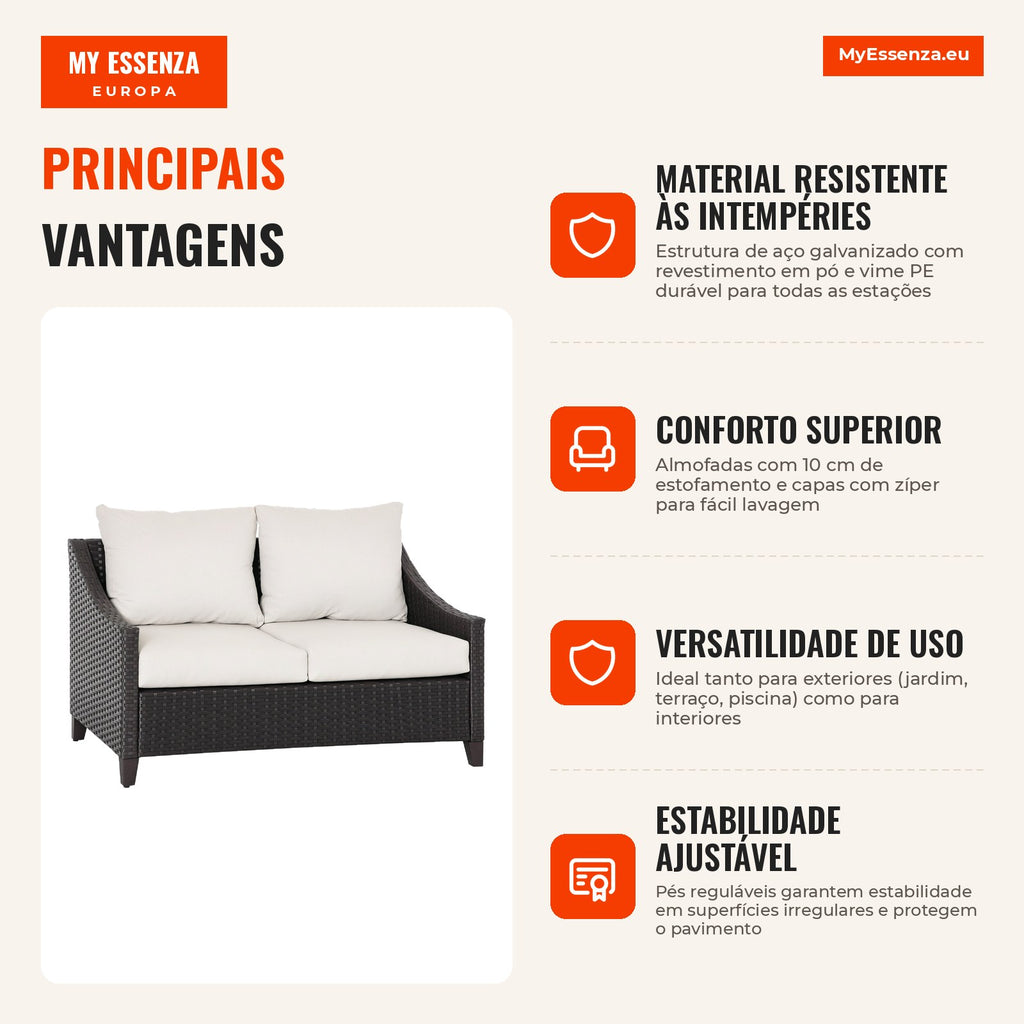 2 Seater Garden Sofa Rattan Sofa with Padded Cushions and Zipper Covers Adjustable Feet for Terrace Balcony Patio 132x70 — Infografia PT (vantagens)