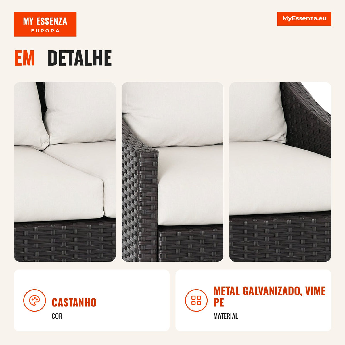 2 Seater Garden Sofa Rattan Sofa with Padded Cushions and Zipper Covers Adjustable Feet for Terrace Balcony Patio 132x70 — Infografia PT (detalhe)