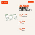 Foldable Garden Furniture Set with 1 Round Table and 2 Balcony Chairs, Dark Green Steel Frame — Infografia FR (medidas)