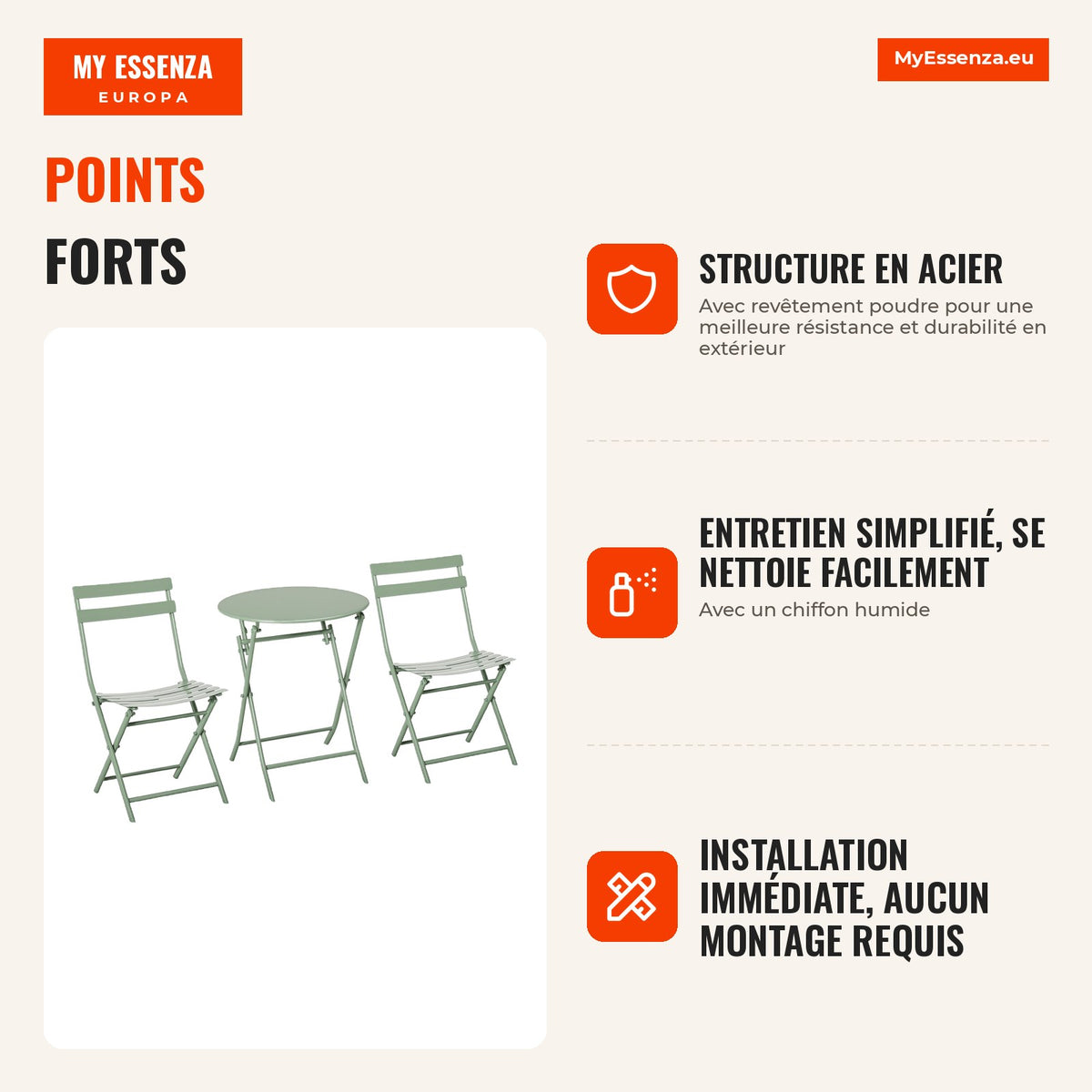 Foldable Garden Furniture Set with 1 Round Table and 2 Balcony Chairs, Dark Green Steel Frame — Infografia FR (vantagens)