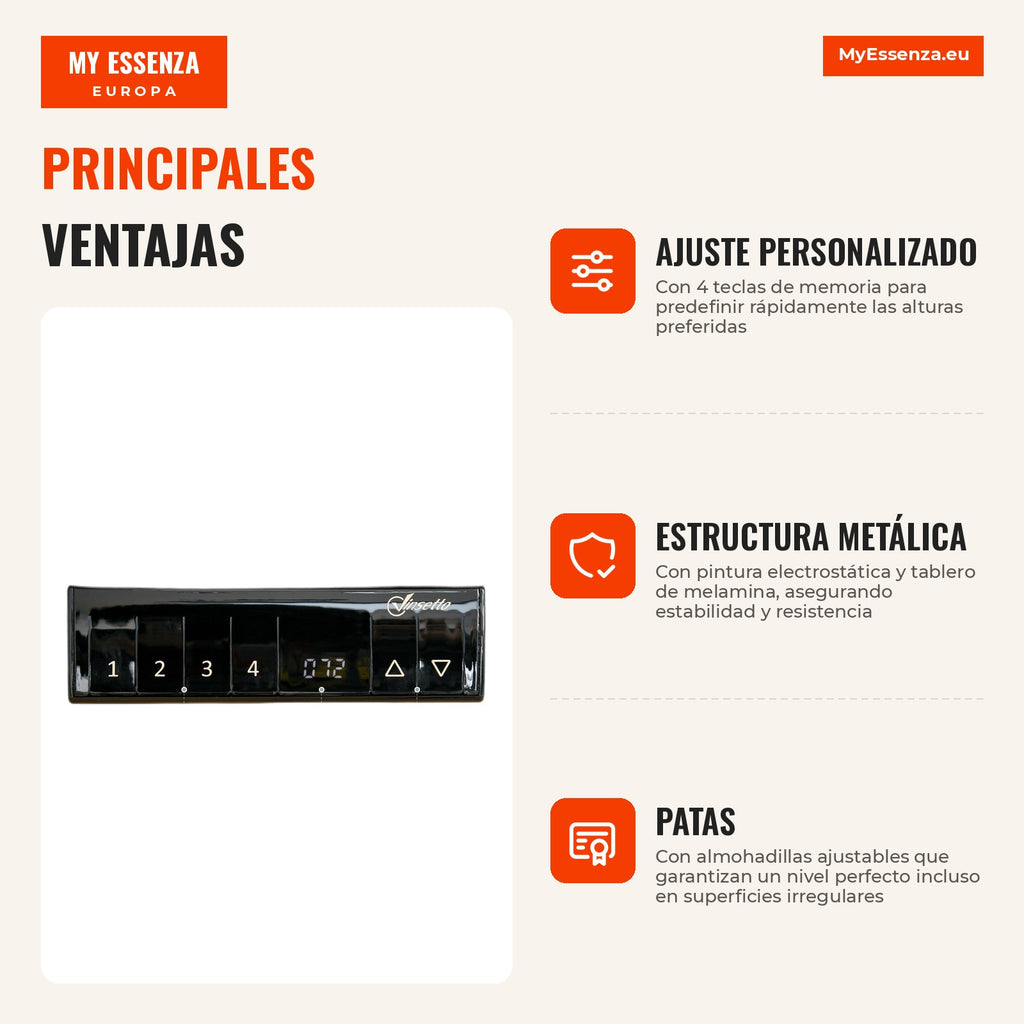 Mesa eléctrica de pie con ajuste eléctrico de altura y 4 teclas de memoria para casa y oficina 140x70x72-116 cm blanco y — Infografia ES (vantagens)