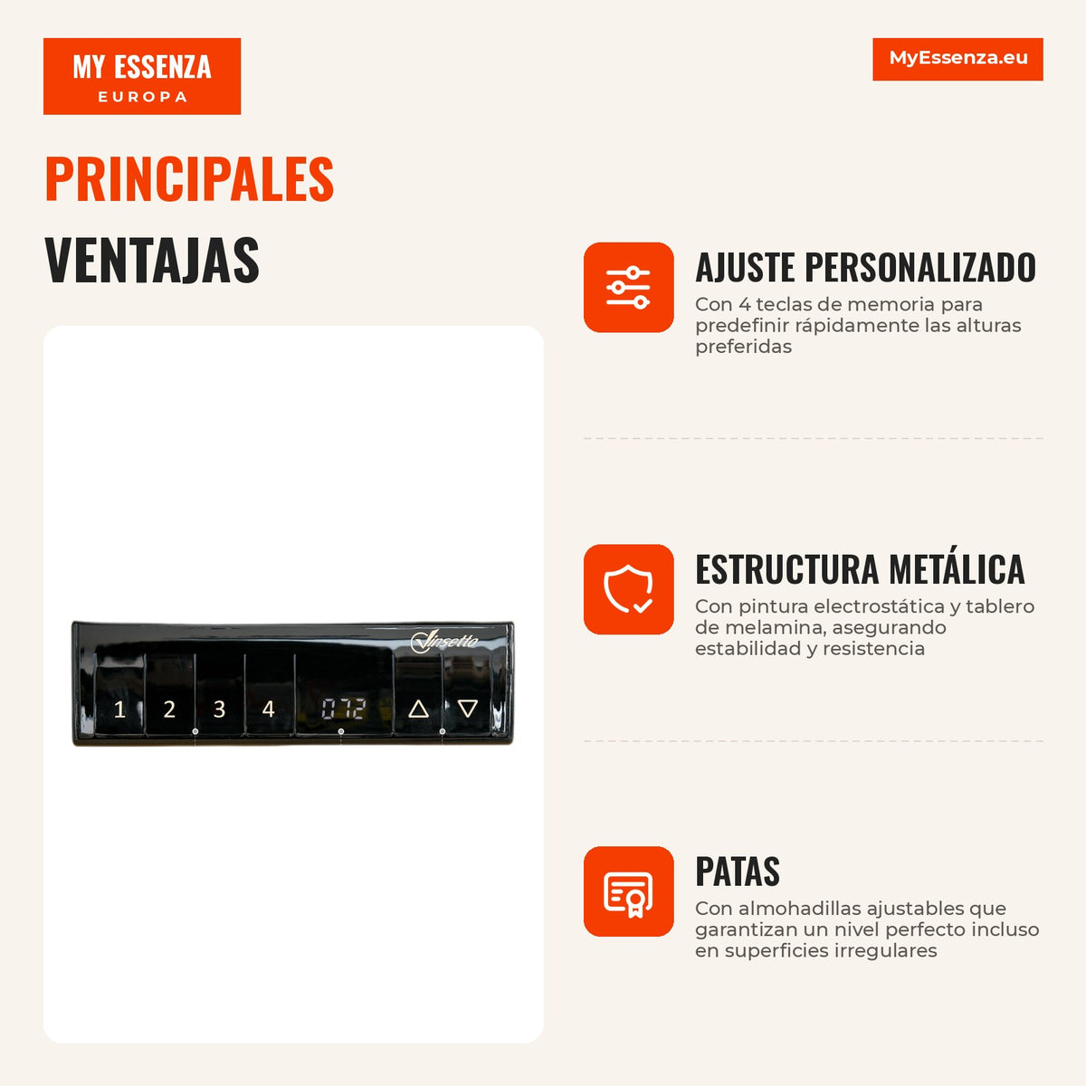 Mesa eléctrica de pie con ajuste eléctrico de altura y 4 teclas de memoria para casa y oficina 140x70x72-116 cm blanco y — Infografia ES (vantagens)