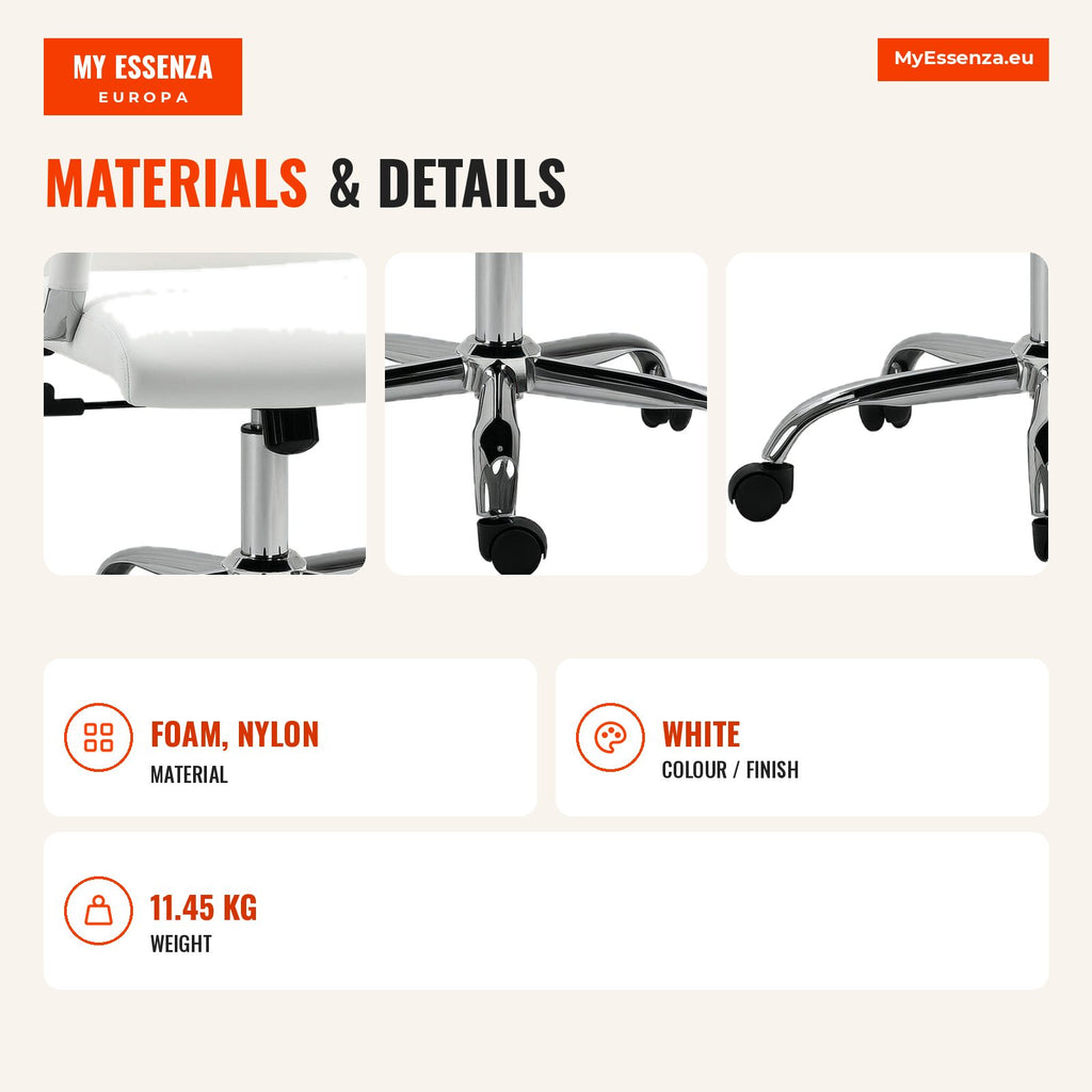 Ergonomic 360° Swivel Office Chair with Tilt, Adjustable Height, Wheels and Armrests, Upholstered in Synthetic Leather 5 — Infografia EN (materiais e detalhes)