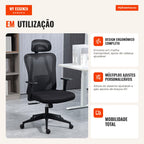 Cadeira de Escritório com Apoio para os Braços 2D Cadeira de Escritório com Altura Ajustável Apoio para a Cabeça Suporte — Infografia PT (em utilização)