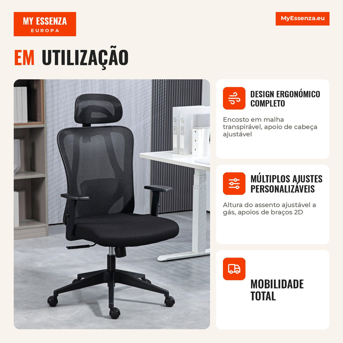 Cadeira de Escritório com Apoio para os Braços 2D Cadeira de Escritório com Altura Ajustável Apoio para a Cabeça Suporte — Infografia PT (em utilização)