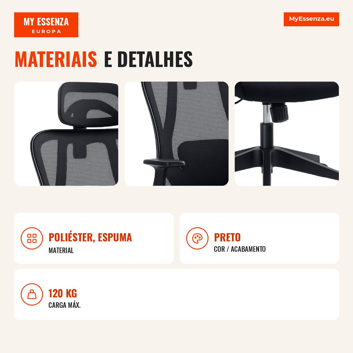 Cadeira de Escritório com Apoio para os Braços 2D Cadeira de Escritório com Altura Ajustável Apoio para a Cabeça Suporte — Infografia PT (materiais e detalhes)