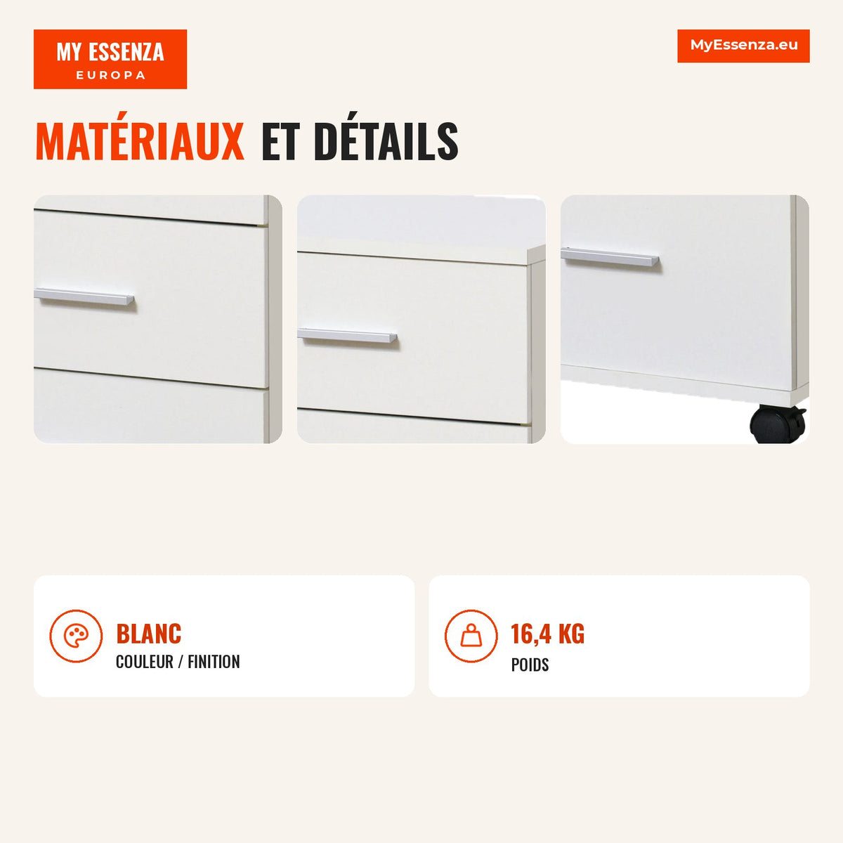 Mobile Office Drawer Unit with 3 Drawers, 4 Wheels and Lock with 2 Keys 40x40x61.5 cm White — Infografia FR (materiais e detalhes)