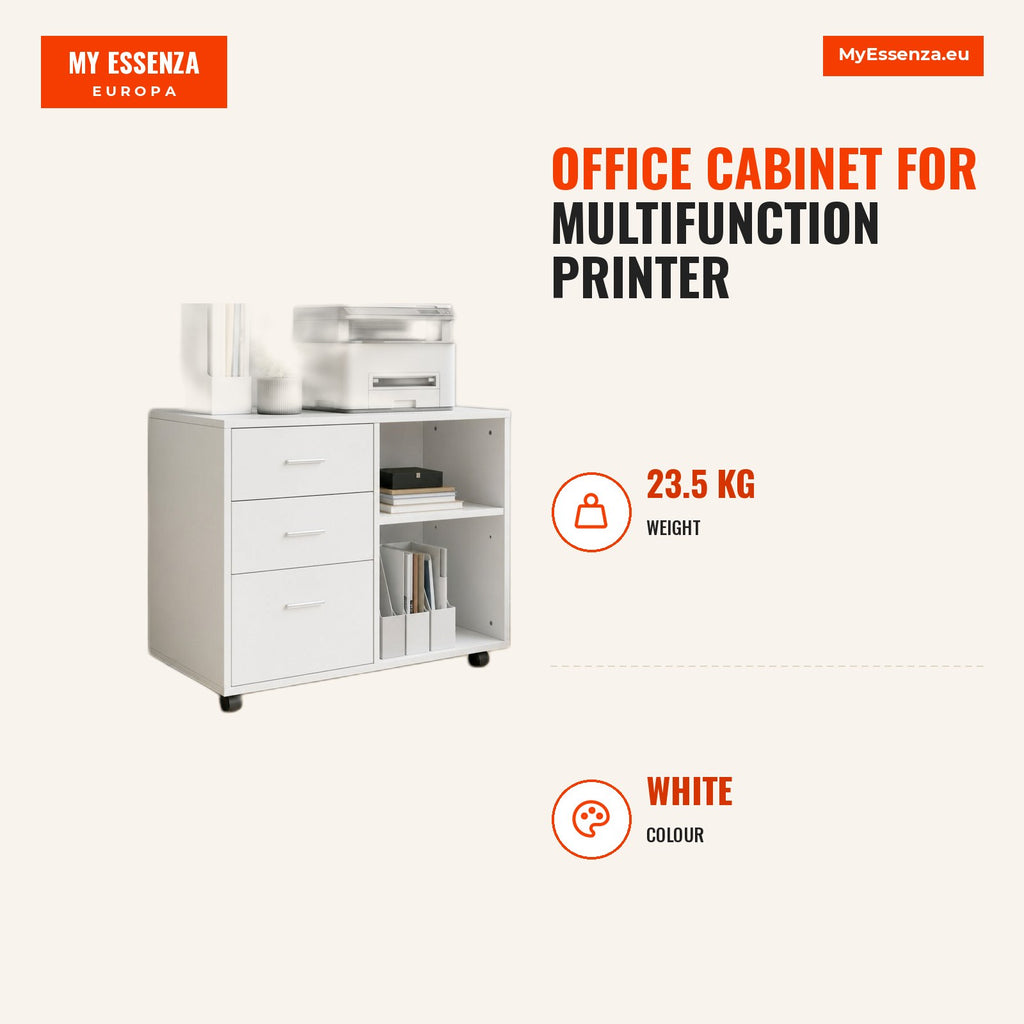 Armário de Escritório para Impressora Multifuncional com 3 Gavetas Prateleira Ajustável e Rodas 80x40x65cm Branco — Infografia EN (medidas)