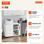 Armário de Escritório para Impressora Multifuncional com 3 Gavetas Prateleira Ajustável e Rodas 80x40x65cm Branco — Infografia EN (em utilização)