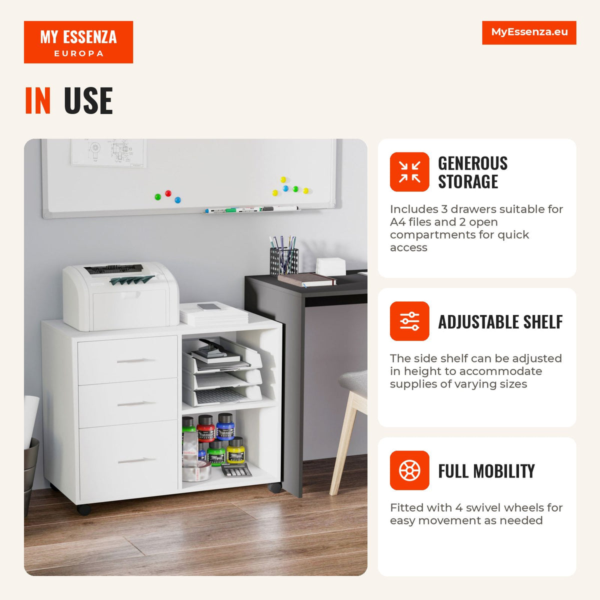 Armário de Escritório para Impressora Multifuncional com 3 Gavetas Prateleira Ajustável e Rodas 80x40x65cm Branco — Infografia EN (em utilização)