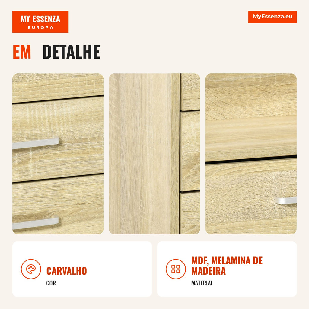Mobile Drawer Unit with 4 Drawers and Wheels 40x36x65cm Oak — Infografia PT (detalhe)