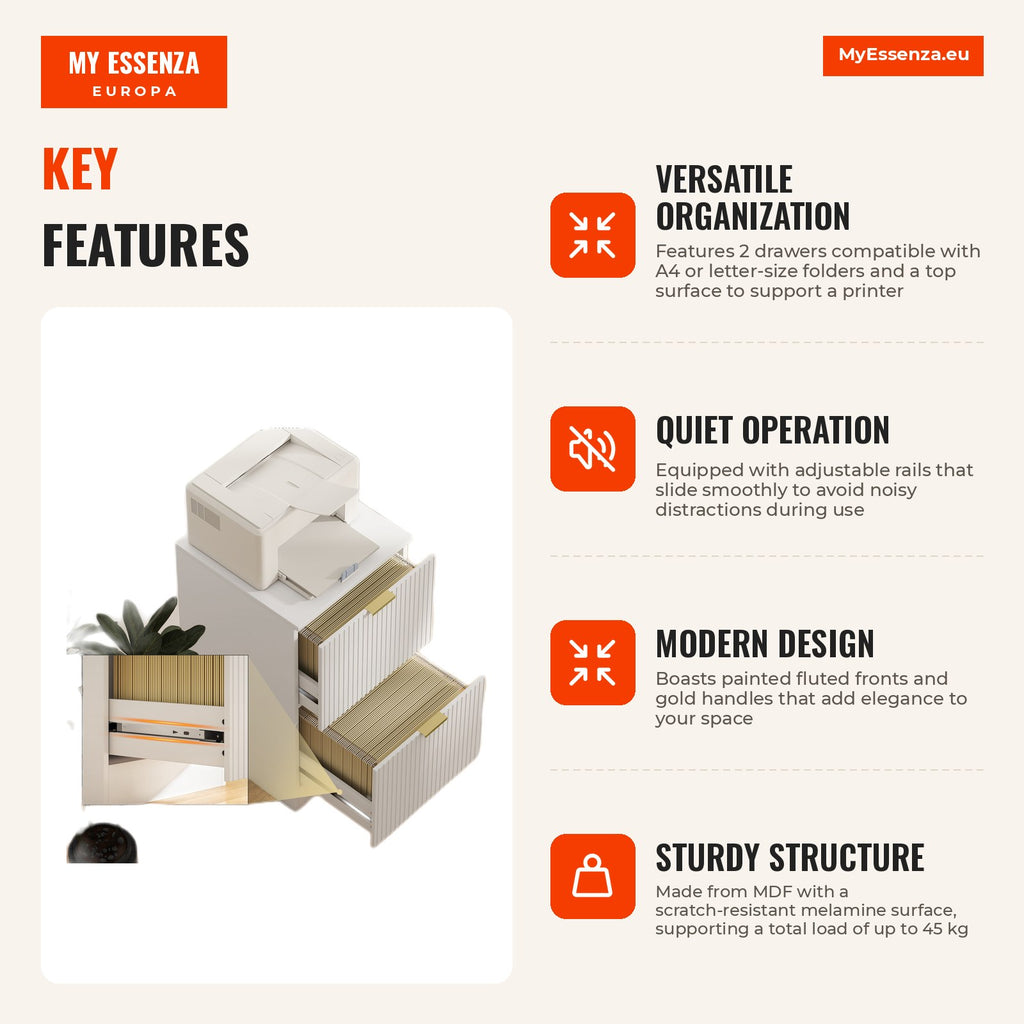 Office Drawer Unit with 2 Drawers Filing Cabinet for A4 or Letter 40x40x71 cm White HOMCOM — Infografia EN (vantagens)