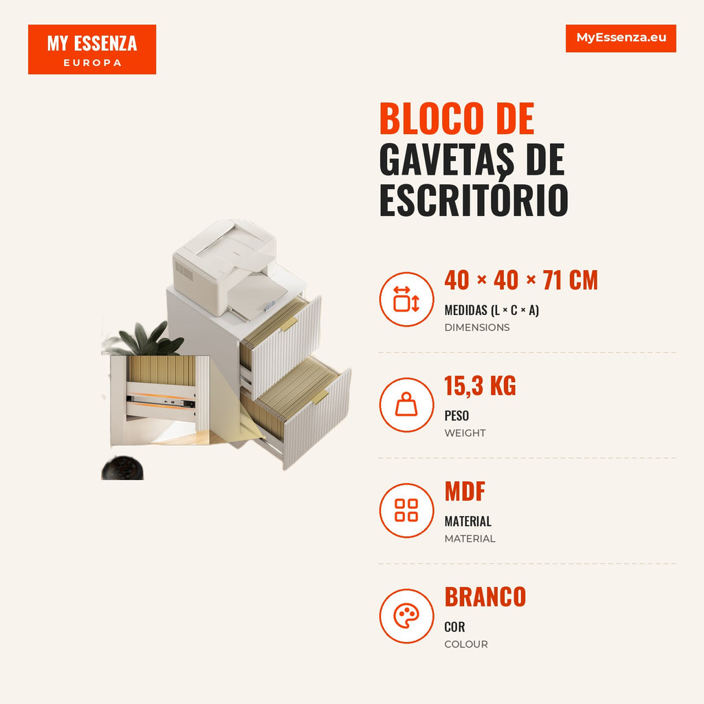 Office Drawer Unit with 2 Drawers Filing Cabinet for A4 or Letter 40x40x71 cm White HOMCOM — Infografia PT (medidas)