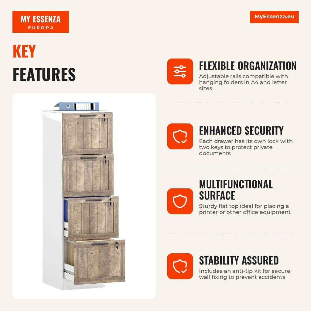 Office Drawer Unit with 4 Drawers, Lock and 2 Keys, Rails for Hanging A4 Letter Files, Mobile Filing Cabinet 39.4x40x129 — Infografia EN (vantagens)