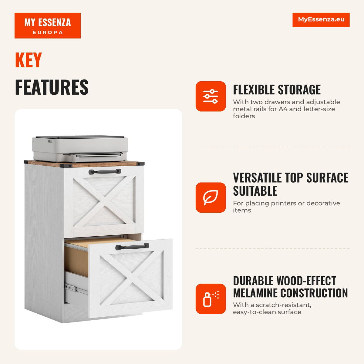Office Cabinet with 2 Drawers, Filing Cabinet with Printer Stand 40x40x71 cm White — Infografia EN (vantagens)