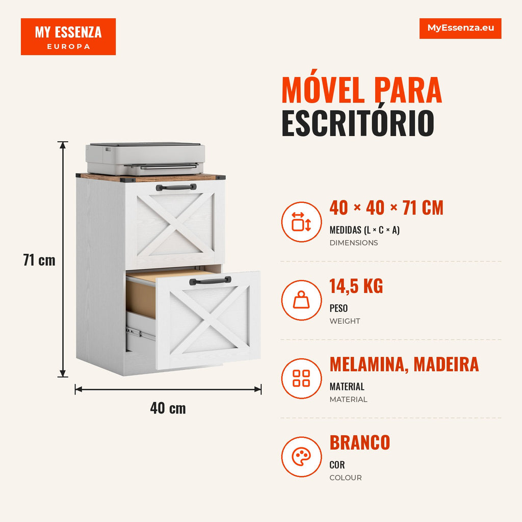 Office Cabinet with 2 Drawers, Filing Cabinet with Printer Stand 40x40x71 cm White — Infografia PT (medidas)
