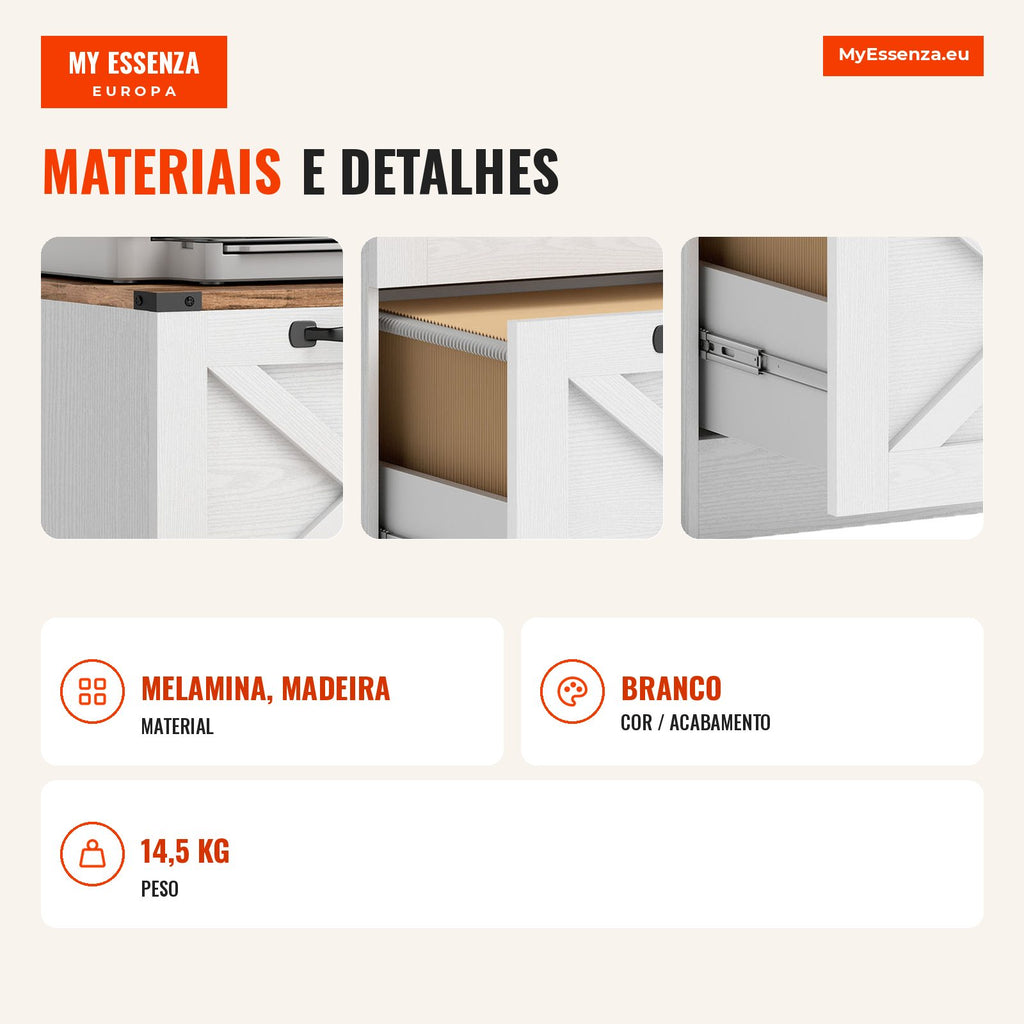 Office Cabinet with 2 Drawers, Filing Cabinet with Printer Stand 40x40x71 cm White — Infografia PT (materiais e detalhes)