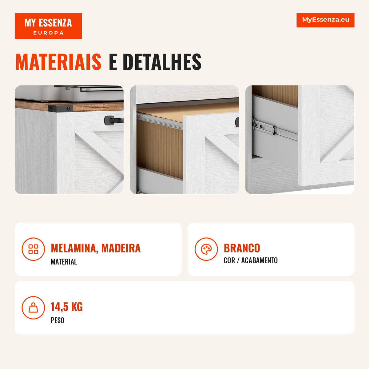 Office Cabinet with 2 Drawers, Filing Cabinet with Printer Stand 40x40x71 cm White — Infografia PT (materiais e detalhes)