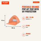 Portable Orange Pop-up Tent with UV Protection for Beach and Camping — Infografia EN (medidas)