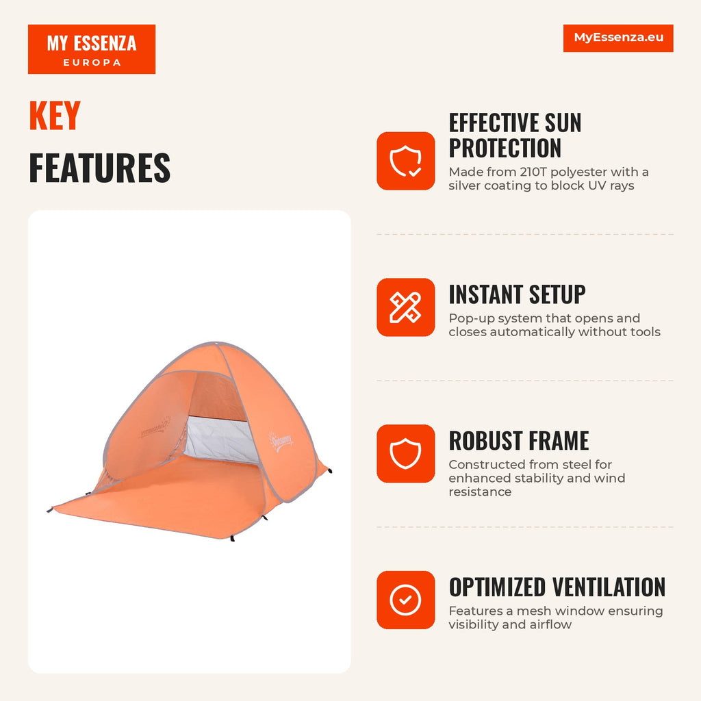 Portable Orange Pop-up Tent with UV Protection for Beach and Camping — Infografia EN (vantagens)