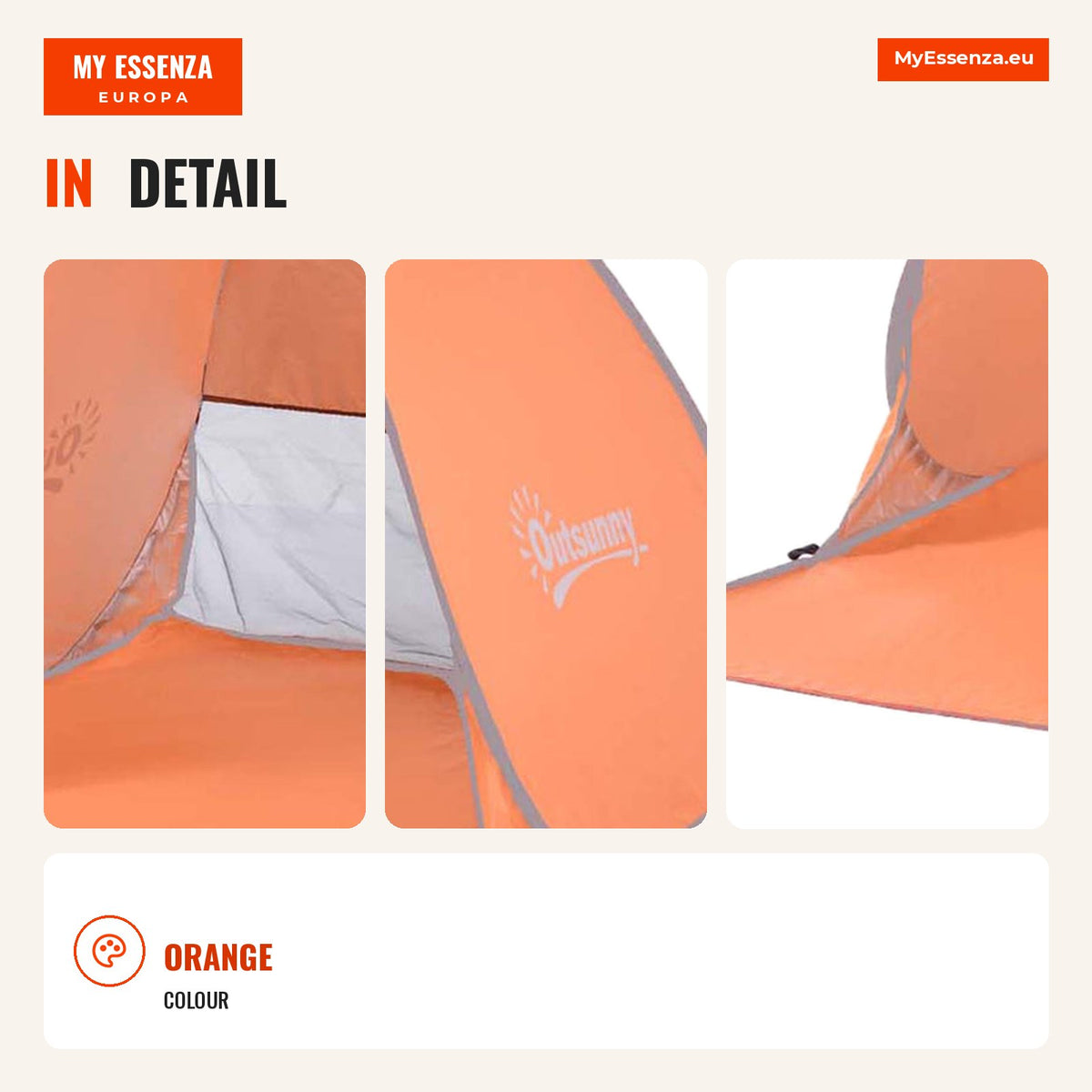 Portable Orange Pop-up Tent with UV Protection for Beach and Camping — Infografia EN (detalhe)