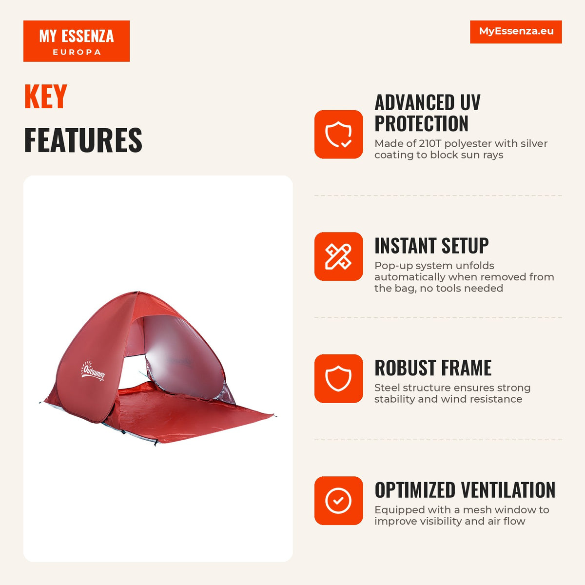 Portable Pop-up Tent with UV Protection for Beach & Camping — Infografia EN (vantagens)