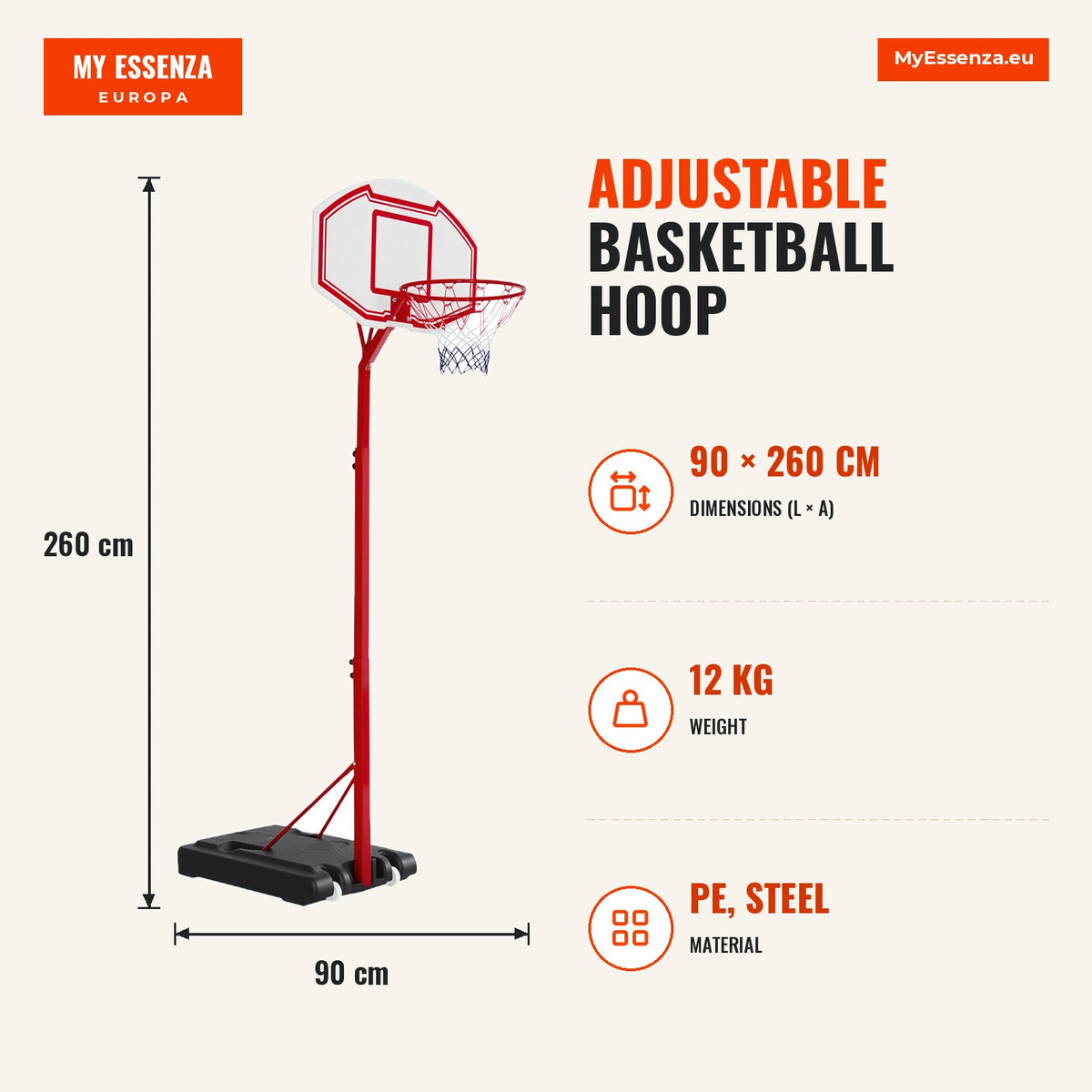 Adjustable basketball hoop 210-260 cm with metal frame and refillable base red — Infografia EN (medidas)
