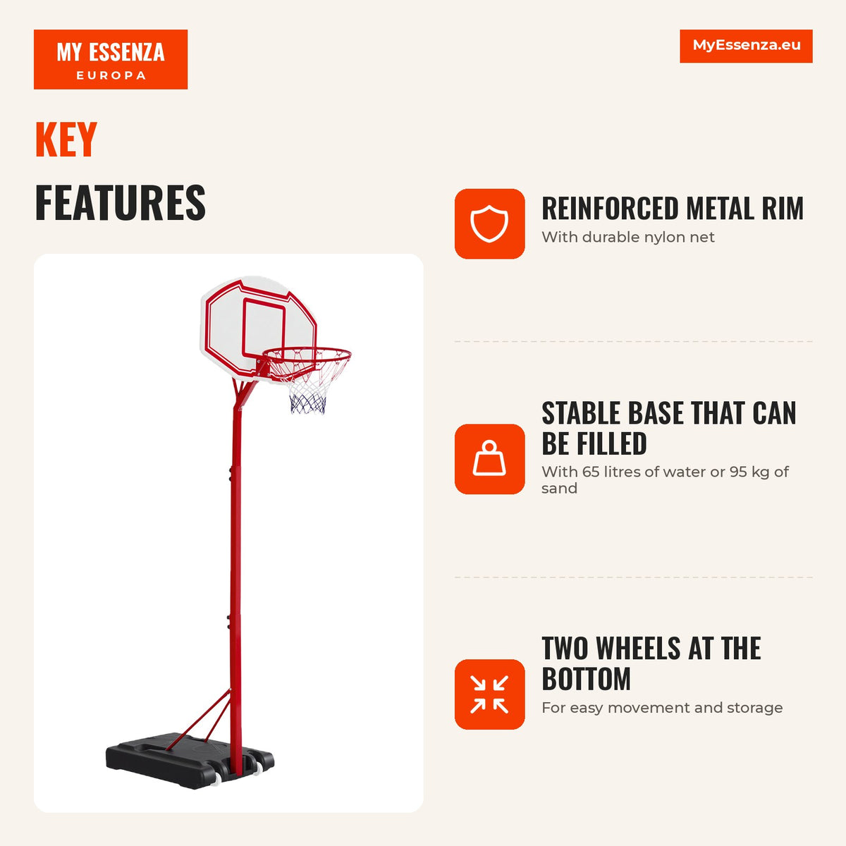 Adjustable basketball hoop 210-260 cm with metal frame and refillable base red — Infografia EN (vantagens)