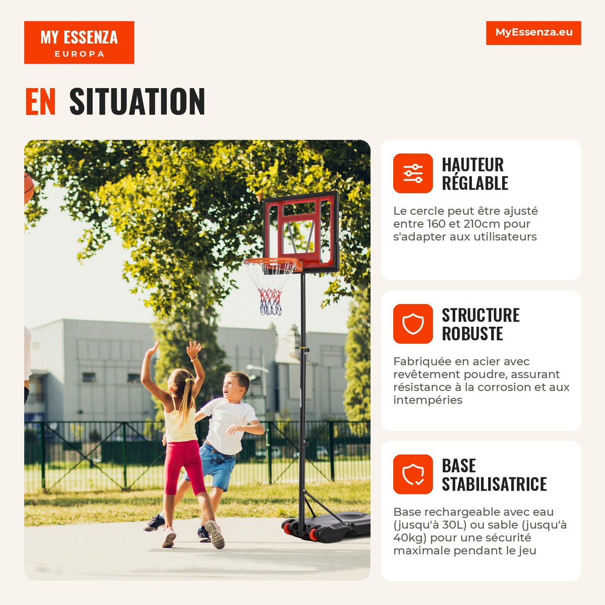 Adjustable Basketball Hoop 160-210cm Steel Support Rechargeable Base 2 Wheels for Kids and Adults 75x83x261cm Red and Bl — Infografia FR (em utilização)