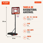 Adjustable Basketball Hoop 160-210cm Steel Support Rechargeable Base 2 Wheels for Kids and Adults 75x83x261cm Red and Bl — Infografia PT (medidas)