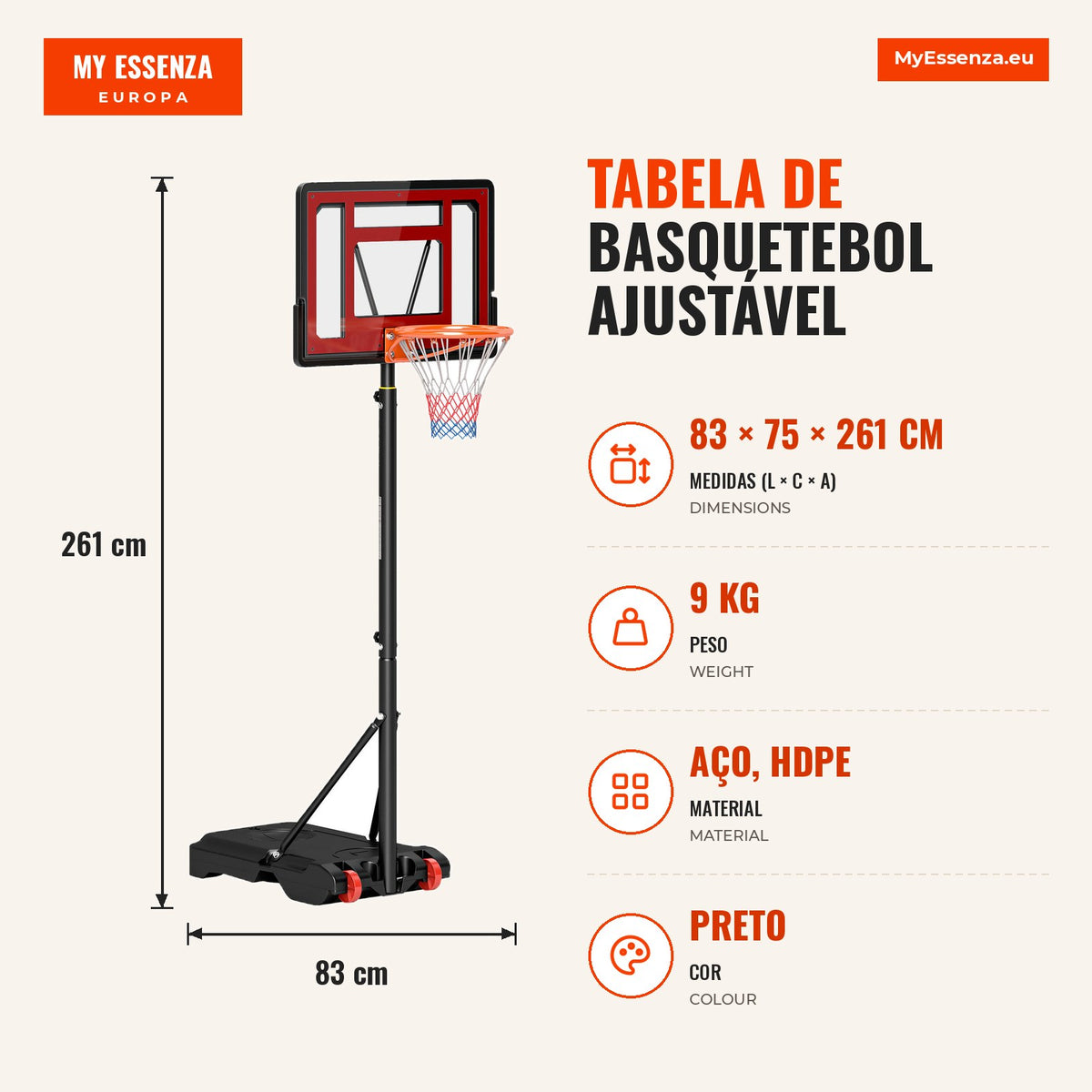 Adjustable Basketball Hoop 160-210cm Steel Support Rechargeable Base 2 Wheels for Kids and Adults 75x83x261cm Red and Bl — Infografia PT (medidas)