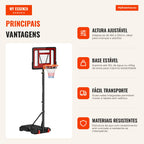Adjustable Basketball Hoop 160-210cm Steel Support Rechargeable Base 2 Wheels for Kids and Adults 75x83x261cm Red and Bl — Infografia PT (vantagens)