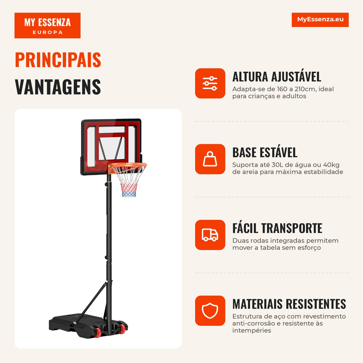 Adjustable Basketball Hoop 160-210cm Steel Support Rechargeable Base 2 Wheels for Kids and Adults 75x83x261cm Red and Bl — Infografia PT (vantagens)