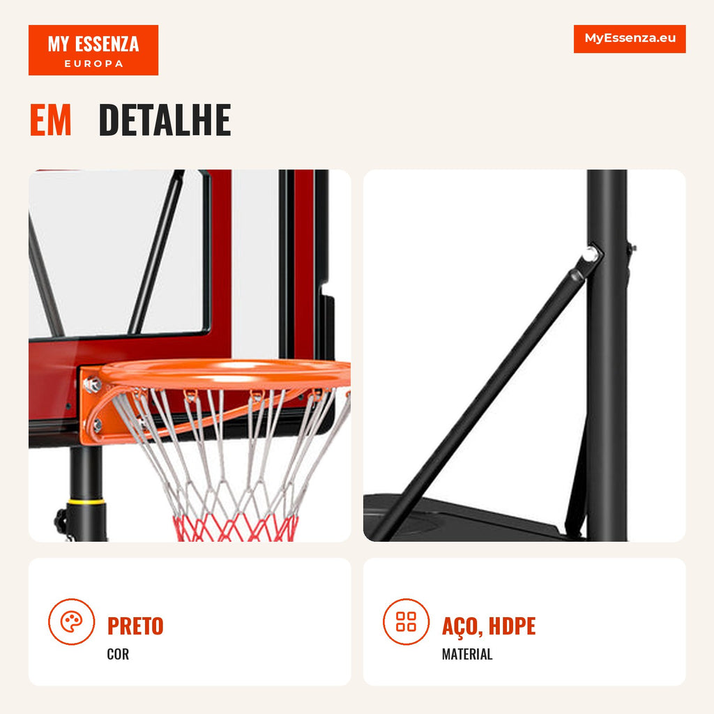Adjustable Basketball Hoop 160-210cm Steel Support Rechargeable Base 2 Wheels for Kids and Adults 75x83x261cm Red and Bl — Infografia PT (detalhe)