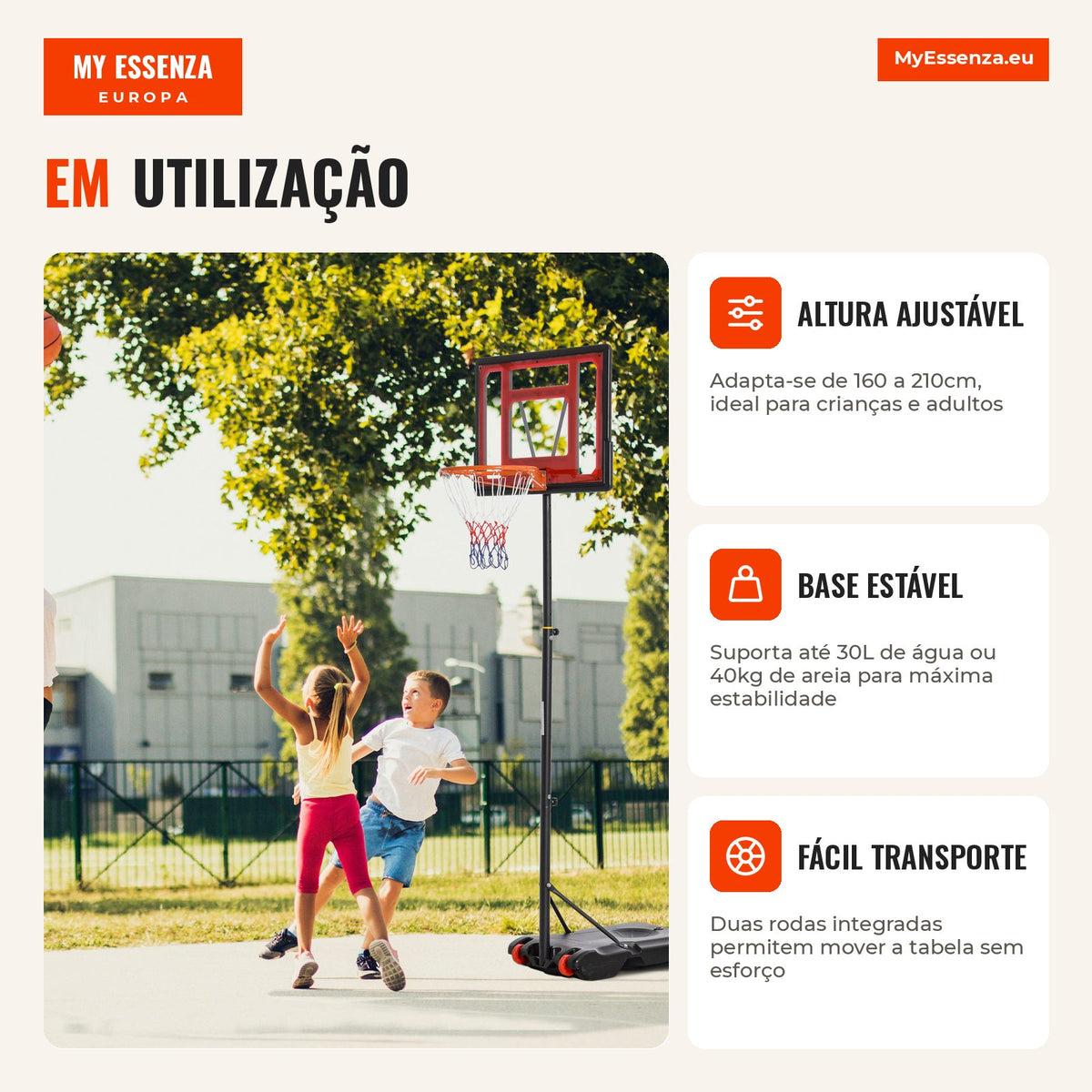 Adjustable Basketball Hoop 160-210cm Steel Support Rechargeable Base 2 Wheels for Kids and Adults 75x83x261cm Red and Bl — Infografia PT (detalhe)