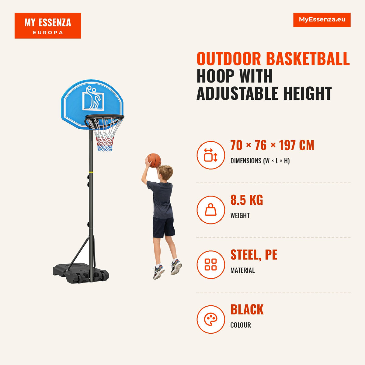 Outdoor Basketball Hoop with Adjustable Height 160-210cm HOMCOM — Infografia EN (medidas)