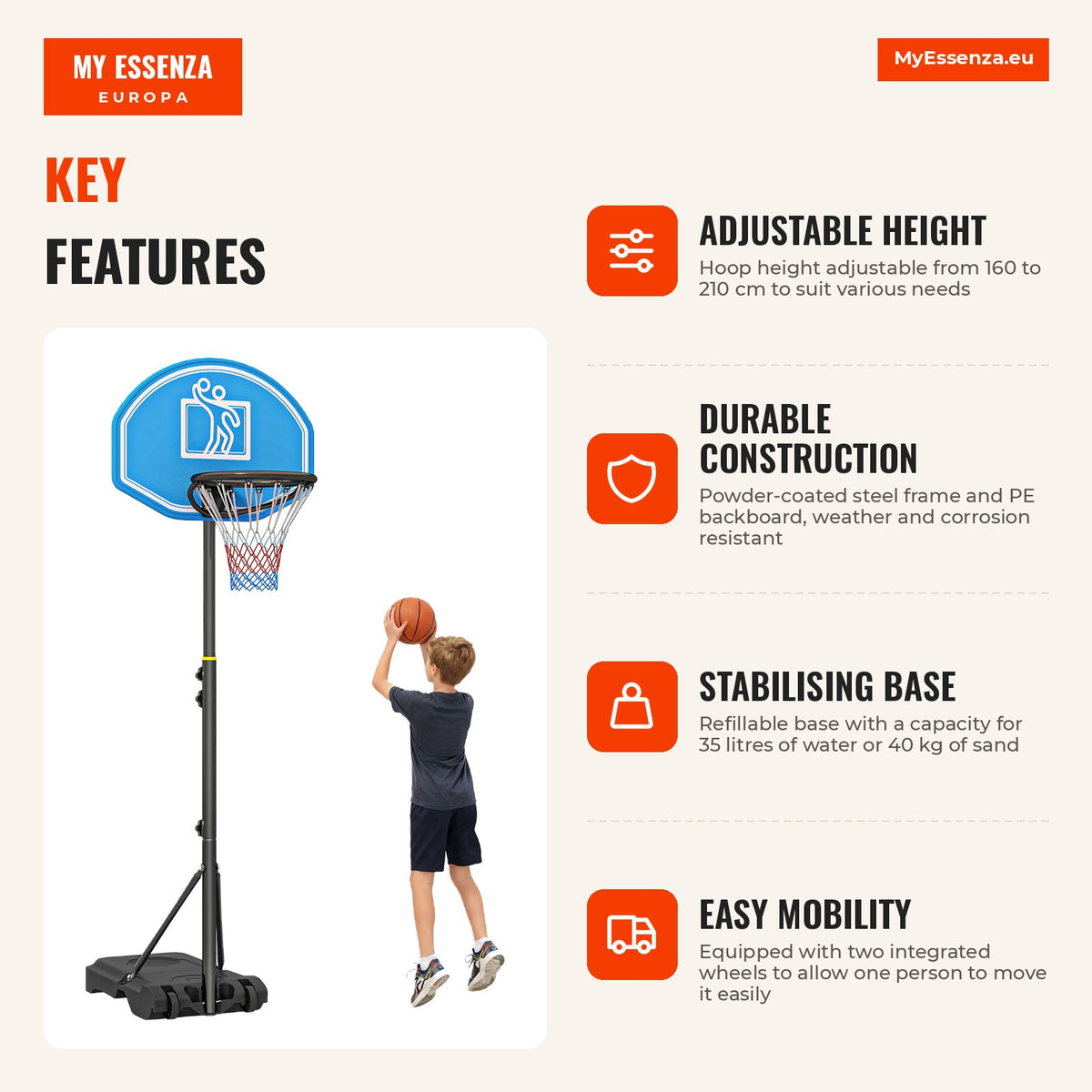 Outdoor Basketball Hoop with Adjustable Height 160-210cm HOMCOM — Infografia EN (vantagens)