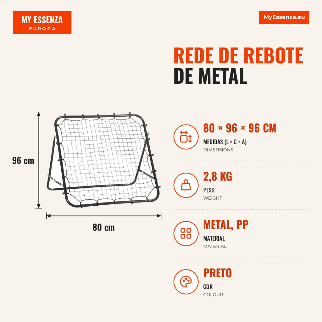 Metal Rebound Net with Adjustable Angle and 20 Elastic Cords for Football Tennis Baseball Training 96x80x96 cm Black — Infografia PT (medidas)