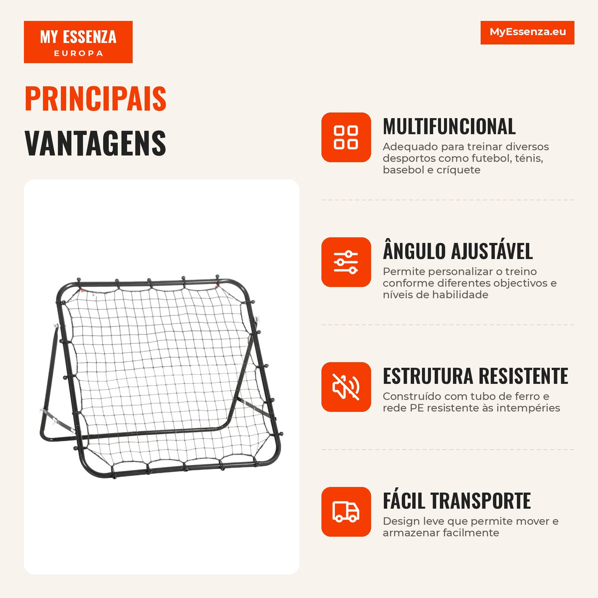 Metal Rebound Net with Adjustable Angle and 20 Elastic Cords for Football Tennis Baseball Training 96x80x96 cm Black — Infografia PT (vantagens)