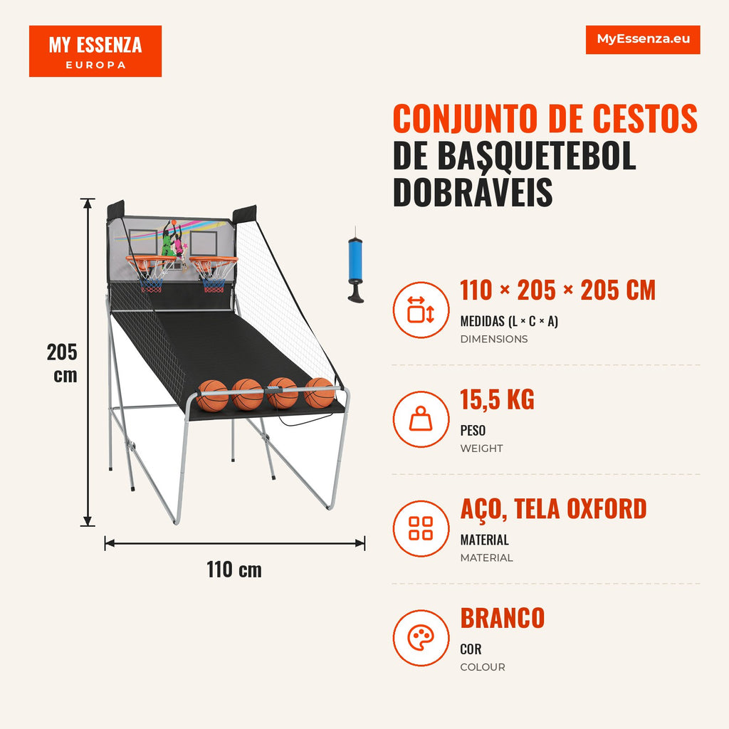 Portable Folding Basketball Hoop Set - Black and White – Steel – 205 x 110 x 205 cm — Infografia PT (medidas)