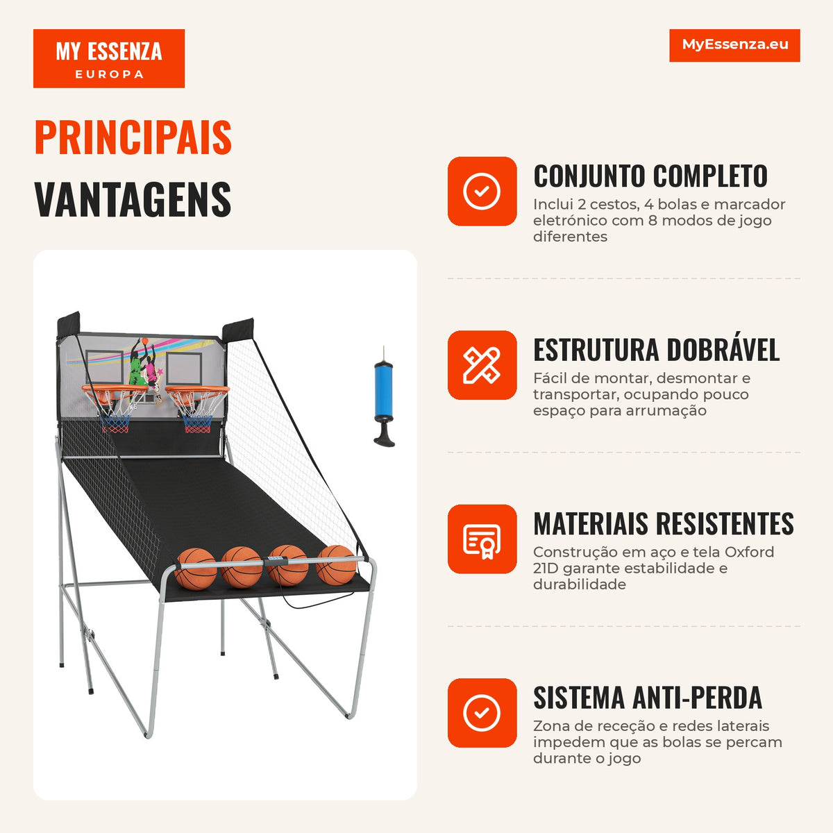Portable Folding Basketball Hoop Set - Black and White – Steel – 205 x 110 x 205 cm — Infografia PT (vantagens)