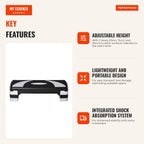 Aerobic Step Platform Adjustable Height 3 Levels Max Load 150kg for Home Gym 80x31x10-20cm Black and White — Infografia EN (vantagens)