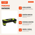 Aerobic Exercise Step Adjustable Height Platform 3 Levels Max Load 150kg 80x31x10-20 cm Green and Black — Infografia PT (vantagens)